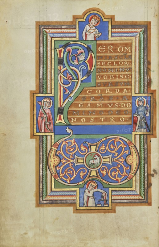 Decorated Incipit Page with a VD Monogram; Hildesheim, Germany; probably 1170s; Tempera colors, gold leaf, silver leaf, and ink