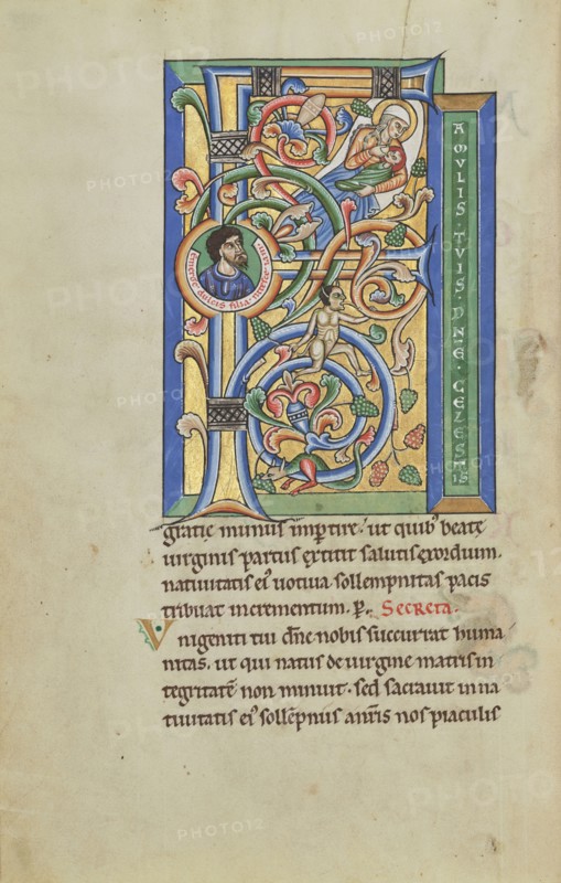 Initial F: The Nativity of the Virgin; Hildesheim, Germany; probably 1170s; Tempera colors, gold leaf, silver leaf, and ink