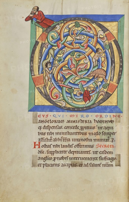 Inhabited Initial D; Hildesheim, Germany; probably 1170s; Tempera colors, gold leaf, silver leaf, and ink on parchment; Leaf