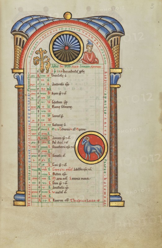 A Youth; Zodiacal Sign of Aries; Hildesheim, Germany; probably 1170s; Tempera colors, gold leaf, silver leaf, and ink