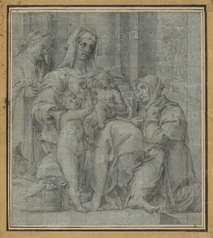 Holy Family with Saint John the Baptist Adored by an  Figure; Bartolomeo Cesi, Italian, 1556 - 1629, Italy; about 1590s; Black