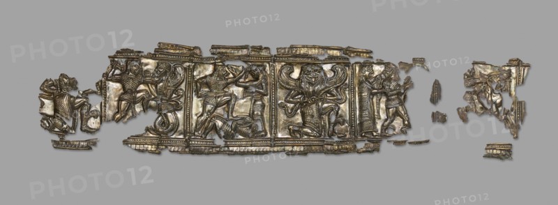 Relief Fragment; South Italy; 540 - 530 B.C; Silver and gold; 8.4 × 28.7 × 1.5 cm, 3 5,16 × 11 5,16 × 9,16 in
