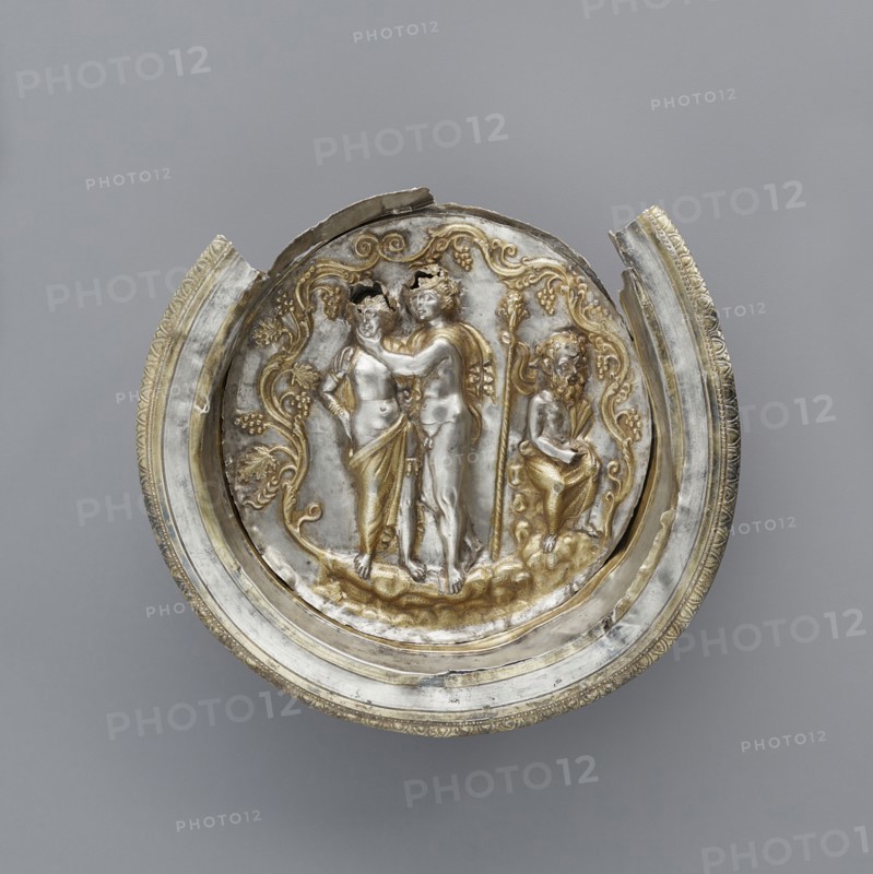 Bowl with a Medallion Depicting Dionysos and Ariadne; Asia Minor; about 100 B.C; Silver with gilding; 16.2 × 2.7 cm