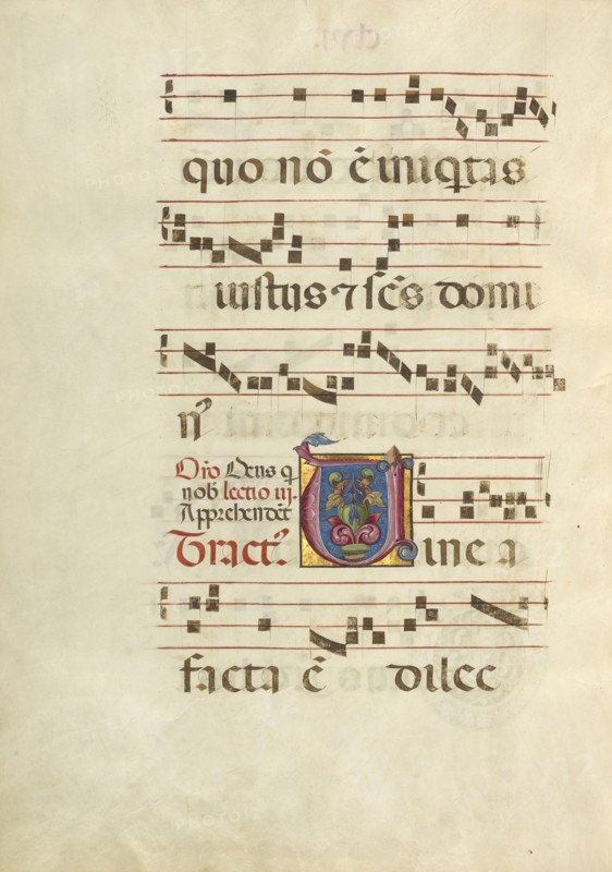 Decorated Initial V; Northern Italy, Italy; about 1460 - 1480; Tempera colors and gold leaf on parchment; Leaf: 60.3 x 44 cm