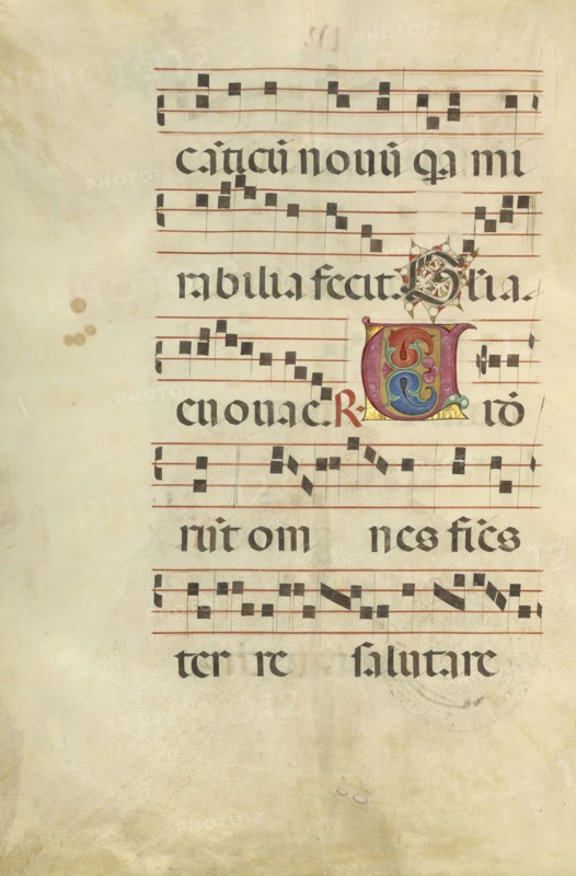 Decorated Initial V; Northern Italy, Italy; about 1460 - 1480; Tempera colors and gold leaf on parchment; Leaf: 60.3 x 44 cm