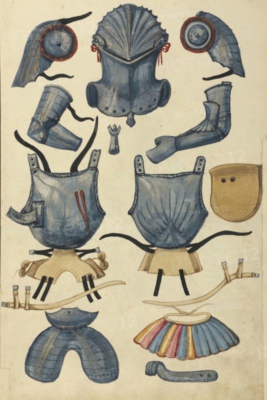 Armor; Augsburg, probably, Germany; about 1560 - 1570; Tempera colors and gold and silver paint on paper bound between original