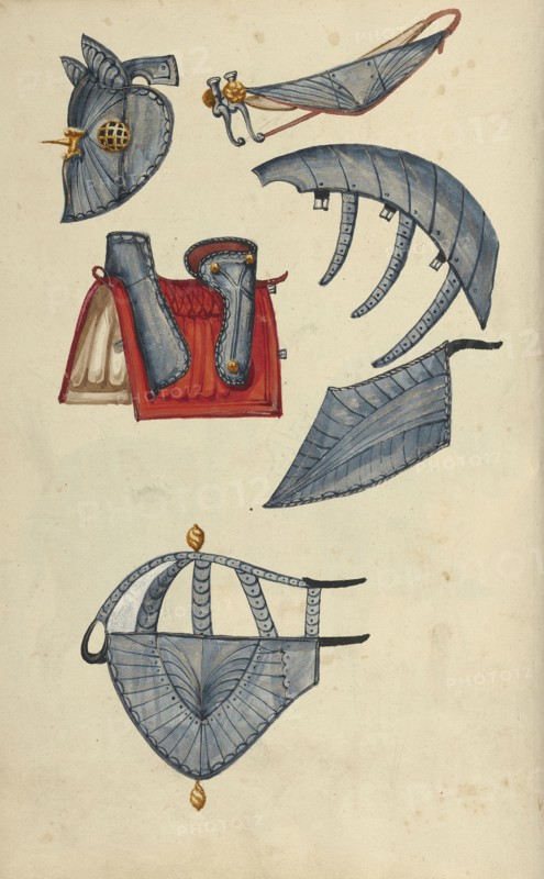 Horse Armor; Augsburg, probably, Germany; about 1560 - 1570; Tempera colors and gold and silver paint on paper bound between