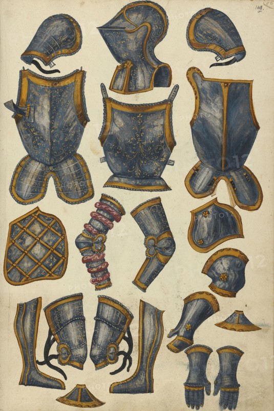 Armor; Augsburg, probably, Germany; about 1560 - 1570; Tempera colors and gold and silver paint on paper bound between original