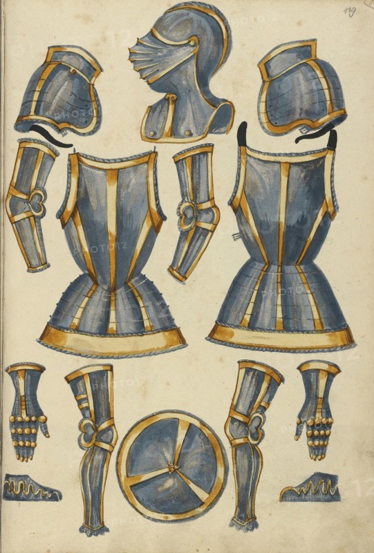 Armor; Augsburg, probably, Germany; about 1560 - 1570; Tempera colors and gold and silver paint on paper bound between original