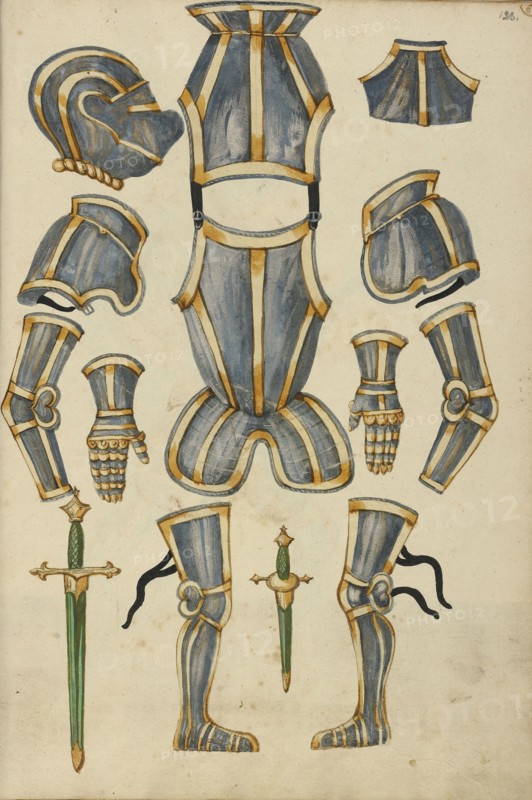 Armor; Augsburg, probably, Germany; about 1560 - 1570; Tempera colors and gold and silver paint on paper bound between original