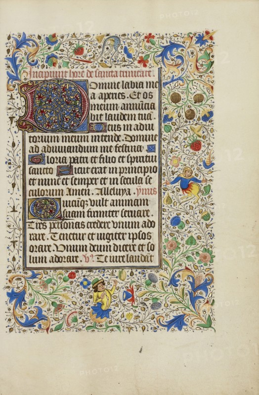 Decorated Text Page; Ghent, bound, Belgium; 1450s; Tempera colors, gold leaf, gold paint, and ink on parchment; Leaf: 26.4 x 18