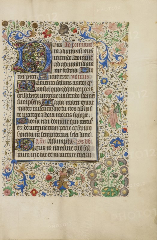 Decorated Text Page; Ghent, bound, Belgium; 1450s; Tempera colors, gold leaf, gold paint, and ink on parchment; Leaf: 26.4 x 18