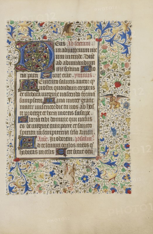 Decorated Text Page; Bruges, illuminated, Belgium; 1450s; Tempera colors, gold leaf, gold paint, and ink on parchment; Leaf: 26