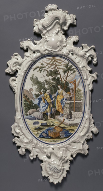 Plaque Depicting Jacob Choosing Rachel to be His Bride; Alcora Ceramic Factory, Spanish, active 1727 - about 1858, After