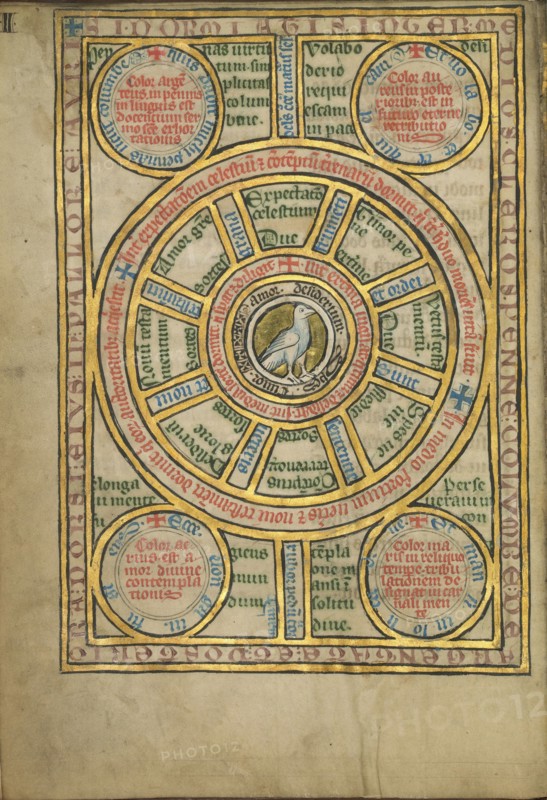 Diagram with a Dove; Thérouanne ?, France, formerly Flanders, fourth quarter of 13th century, after 1277, Tempera colors, pen