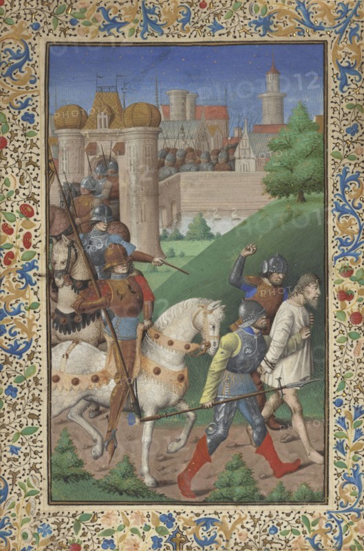 Soldiers Leading a Prisoner from a Walled City; Attributed to Maître François, French, active about 1460 - 1480, Paris, France