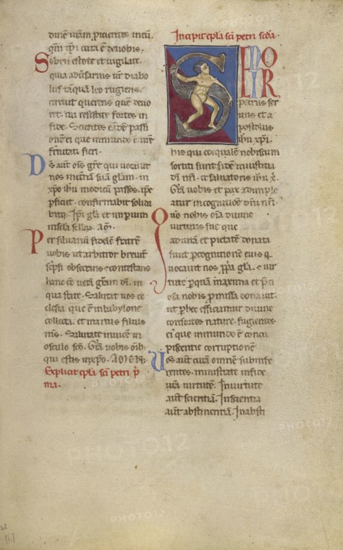 Inhabited Initial S; Sicily, probably, Italy; late 12th century; Tempera colors, gold leaf, and ink on parchment