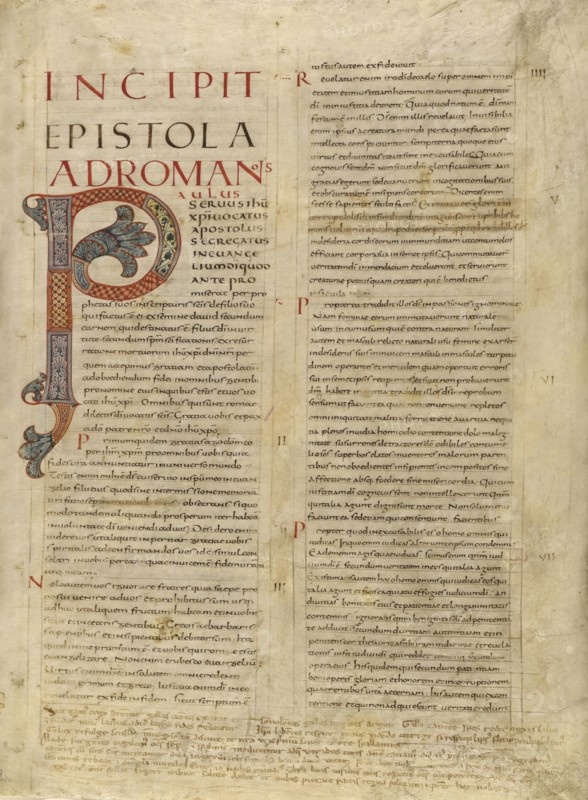 Decorated Initial P; Tours, France; about 845; Iron gall ink on parchment with tempera; Leaf: 46.4 × 33.7 cm, 18 1,4 × 13 1,4 in