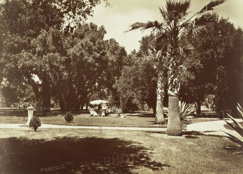 Thurlow Lodge, Menlo Park - Umbrella and Family Group; Carleton Watkins, American, 1829 - 1916, San Mateo, California, United