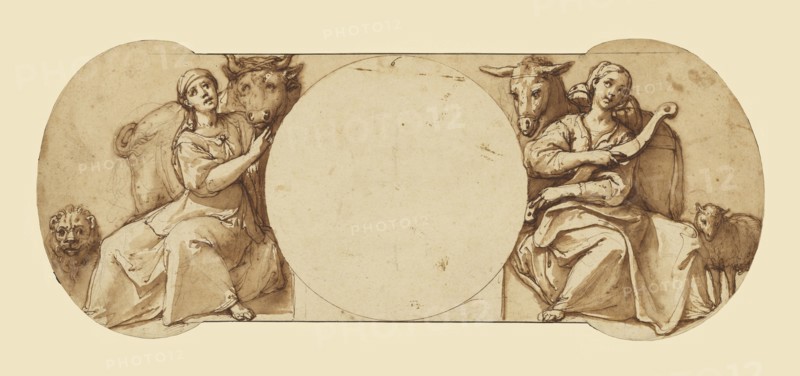 Allegories of Fortitude and Patience; Federico Zuccaro, Italian, about 1541 - 1609, about 1595; Pen and brown ink, brush with