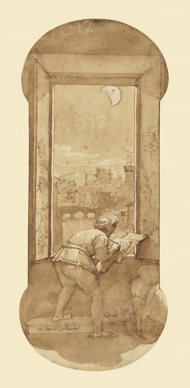 Taddeo Drawing by Moonlight in Calabrese's House; Federico Zuccaro, Italian, about 1541 - 1609, about 1595; Pen and brown ink