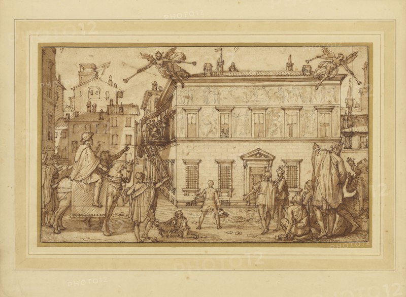 Taddeo Decorating the Facade of Palazzo Mattei; Federico Zuccaro, Italian, about 1541 - 1609, about 1595; Pen and brown ink