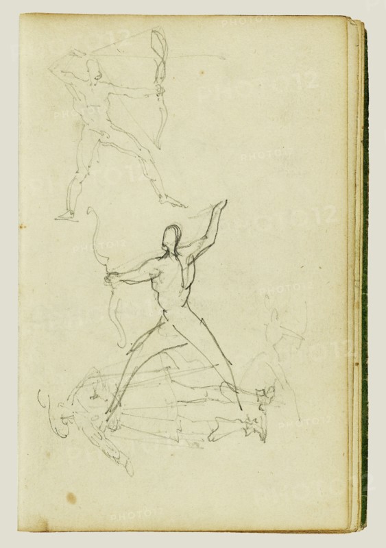 Three Studies of a Nude Man with Bow and Arrow, Standing Cavalier; Théodore Géricault, French, 1791 - 1824, 1812 - 1814