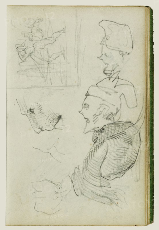 Studies of Lion, Compositional Group Figure Study, Two Caricatures; Théodore Géricault, French, 1791 - 1824, 1812 - 1814