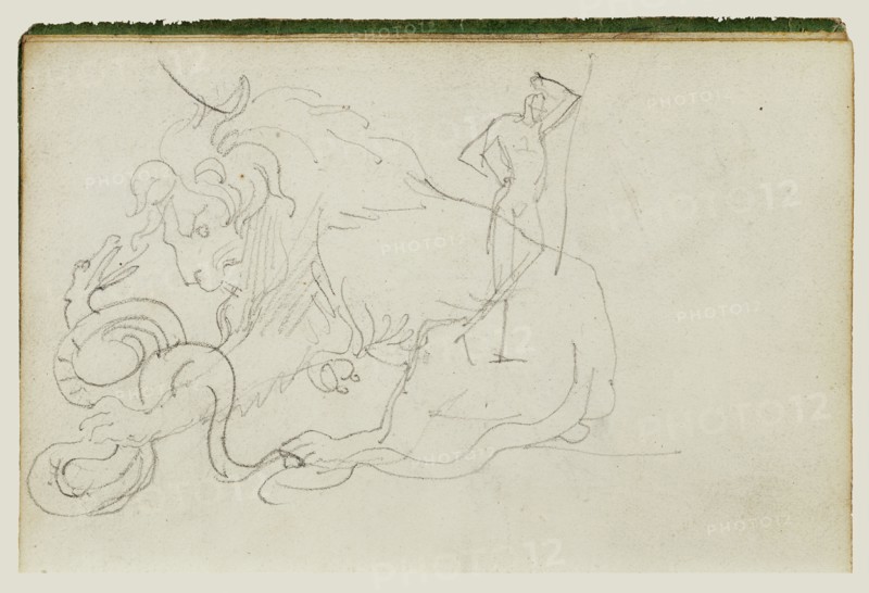 Lion Attacking a Snake over Nude Figure Study; Théodore Géricault, French, 1791 - 1824, 1812 - 1814; Graphite; 15.2 x 10.6 cm