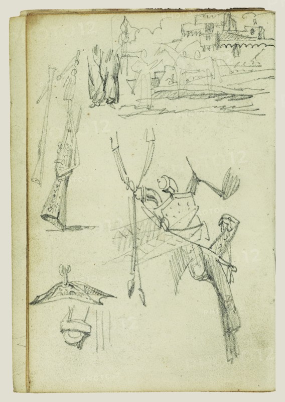 Weapon Studies, Compositional Study of Castle Scene; Théodore Géricault, French, 1791 - 1824, 1812 - 1814; Graphite; 15.2 x 10.