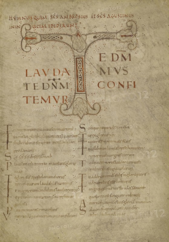 Decorated Initial T; Northern Italy, Italy; third quarter of 9th century; Iron gall and red lead, minimum, inks applied with pen