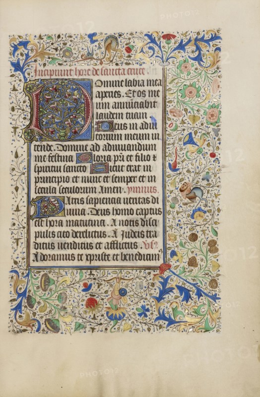 Decorated Text Page; Bruges, illuminated, Belgium; 1450s; Tempera colors, gold leaf, gold paint, and ink on parchment