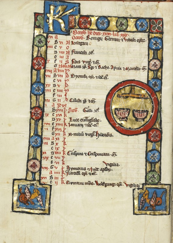 Zodiacal Sign of Libra; Engelberg, Switzerland; third quarter of 13th century; Tempera colors and gold leaf on parchment; Leaf