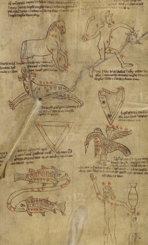 Constellation Diagrams; England; early 13th century; Pen and black, green, and red inks on parchment bound between pasteboard