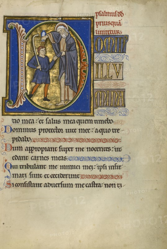 Initial D: Samuel Anointing David; Master of the Ingeborg Psalter, French, active about 1195 - about 1210, Noyon, probably