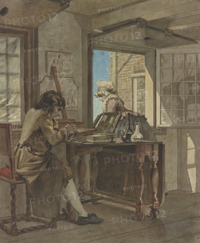 The Artist in His Atelier; Christiaan Andriessen, Dutch, 1775 - 1846, about 1805 - 1808; Black chalk and watercolor