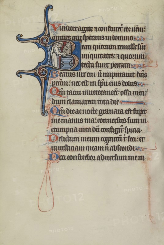 Initial B: A Priest Baptizing a Child; Bute Master, Franco-Flemish, active about 1260 - 1290, Northeastern illuminated
