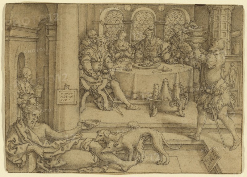 Lazarus Begging for Crumbs from Dives's Table; Heinrich Aldegrever, German, 1502 - about 1561, 1552; Pen and brown ink, brown