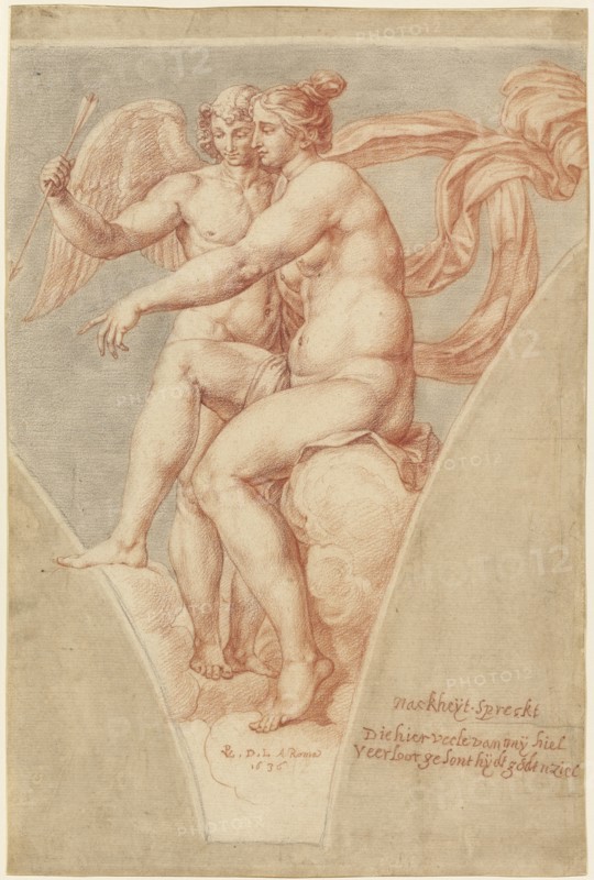 Venus and Cupid after Raphael; Pieter van Lint, Flemish, 1609 - 1690, 1636; Black and red chalk and brown wash; 41.8 x 27.9 cm