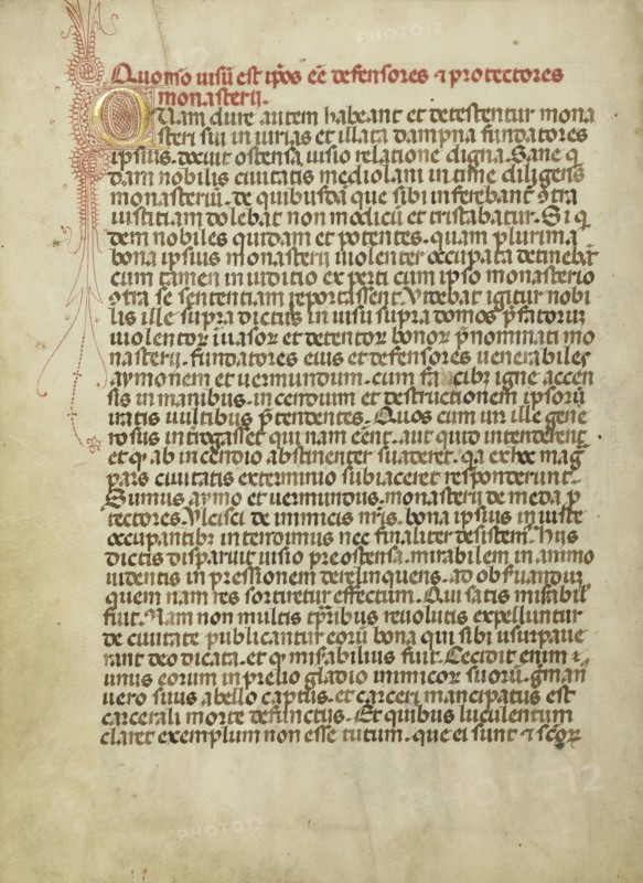 Decorated Initial Q; Milan, Lombardia, Italy; about 1400; Tempera colors, gold leaf, and ink on parchment; Leaf: 25.6 x 18.4 cm