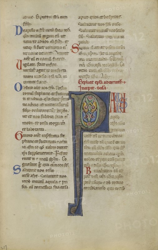 Decorated Initial P; Sicily, probably, Italy; late 12th century; Tempera colors, gold leaf, and ink on parchment