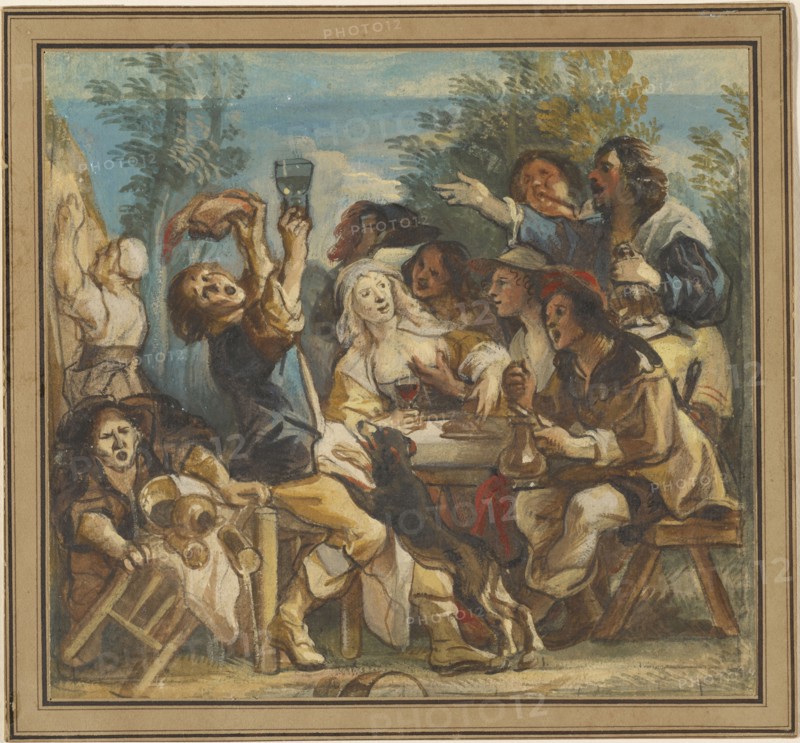 A Merry Company; Jacob Jordaens, Flemish, 1593 - 1678, about 1644; Watercolor over black chalk, heightened with white gouache