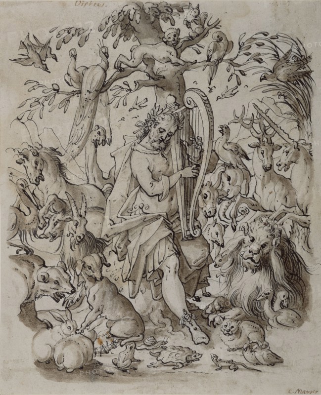 Orpheus Charming the Animals; Josias Murer II, Swiss, 1564 - 1630, about 1600; Black ink and brown wash on paper; 22.9 x 18.6