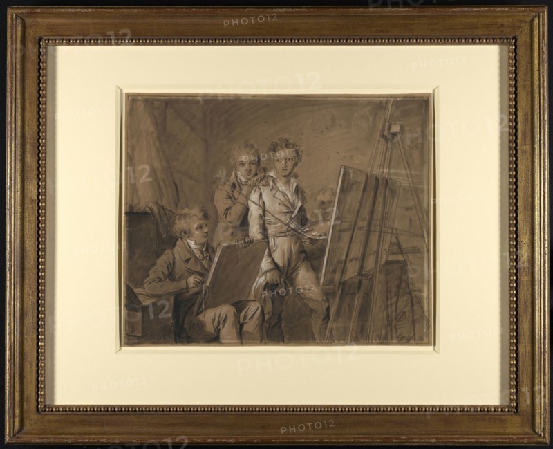 Three Young Artists in a Studio; Louis-Léopold Boilly, French, 1761 - 1845, about 1820; Black chalk with white chalk