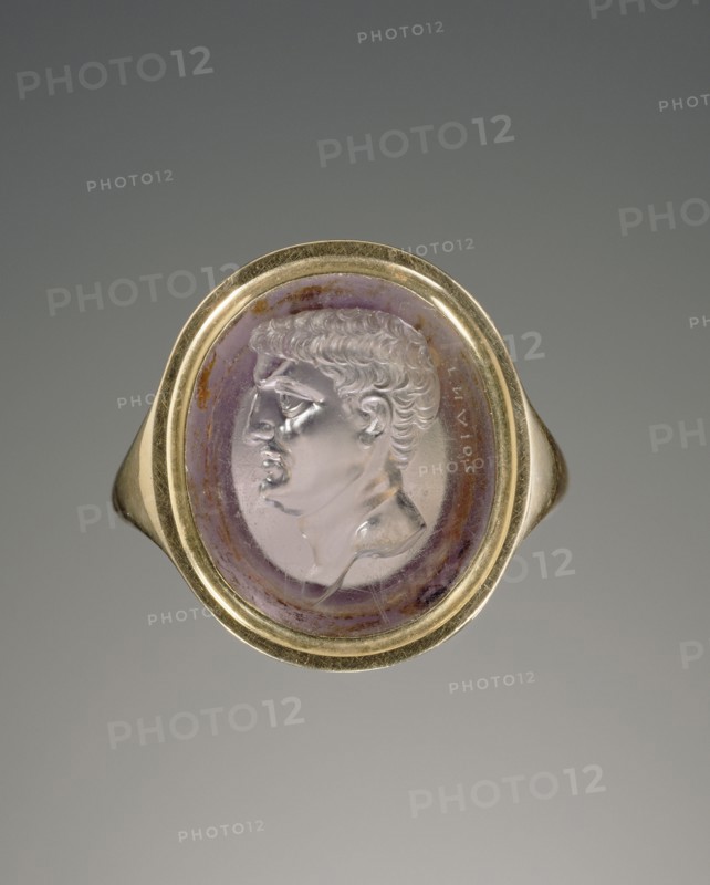 Head of Marc Antony; Signed by Gnaios; gem about 40 - 20 B.C; ring 19th century A.D. or later; Amethyst set in a modern gold