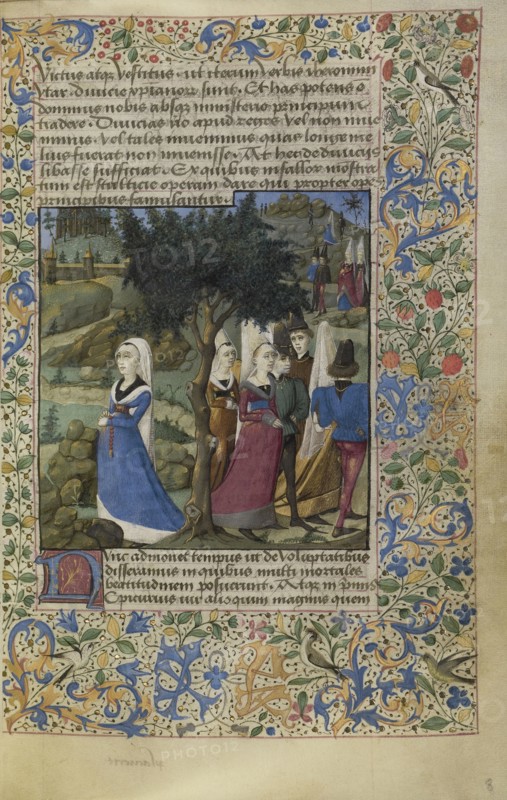 Young Men and Women Outdoors; France; about 1460 - 1470; Tempera colors, gold leaf, gold paint, and ink on parchment