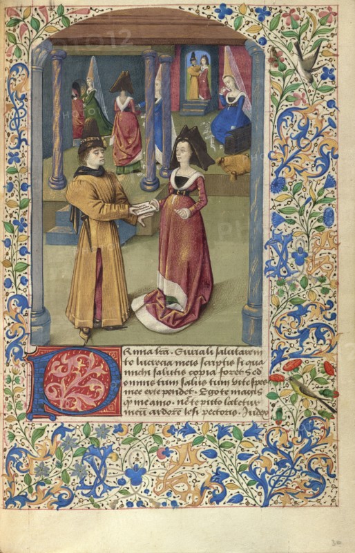 Euryalus Sends His First Letter to Lucretia; France; about 1460–1470; Tempera colors, gold leaf, gold paint, and ink