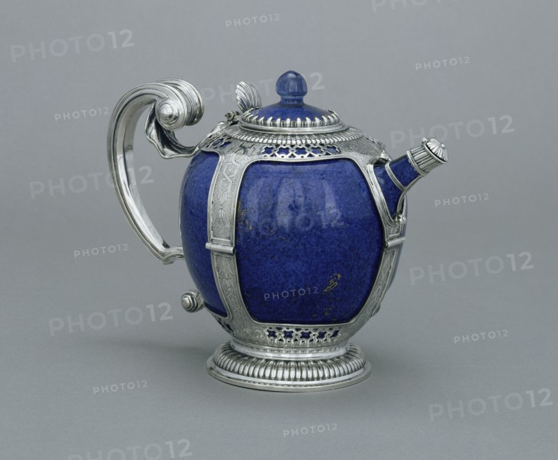 Mounted Teapot; porcelain about 1662 - 1690; mounts about 1700 - 1710; Hard-paste porcelain, blue ground color, gilding; silver