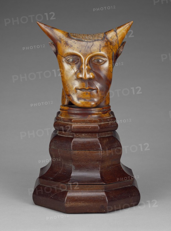 Head with Horns; Paul Gauguin, French, 1848 - 1903, 1895 - 1897; Sandalwood with traces of polychromy on a lacewood base