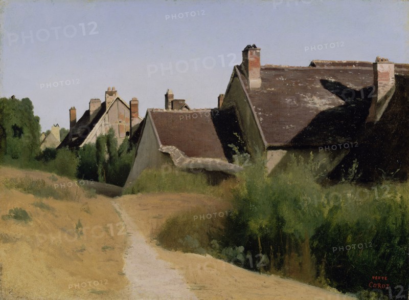 Houses near Orléans, Maisons aux Environs d'Orléans, Jean-Baptiste-Camille Corot, French, 1796 - 1875, about 1830; canvas